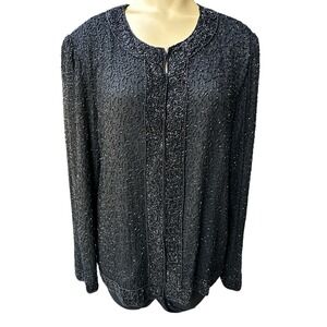 VTG Laurence Kazar Jacket Blazer 100%‎ Silk Women's Size Large Beaded Black